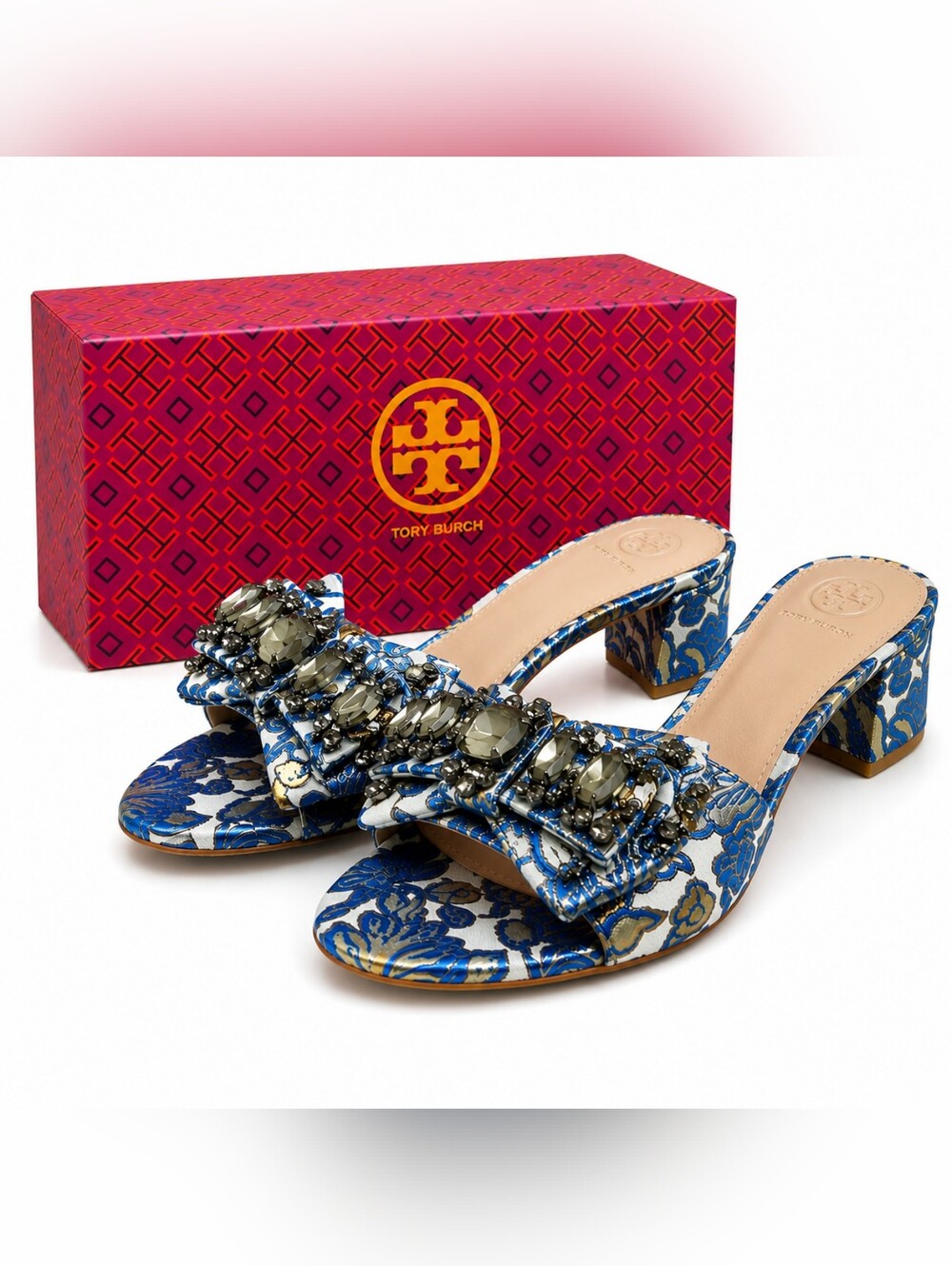 Tory Burch Blue Metallic Floral Valentina 45MM Bow Slide Barricade Sandals